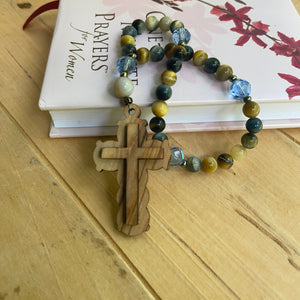 Olive Wood Cross and Tiger Eye Stone Beaded Christian Prayer Beads