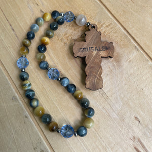 Olive Wood Cross and Tiger Eye Stone Beaded Christian Prayer Beads