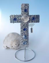 Load image into Gallery viewer, Handmade Blue & White Beaded Cross