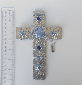 Silver Aluminum Display Cross with Blue Beads and a Silver Stand