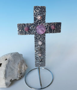 Embossed Silver Metal Display Cross with Pink Beads and Silver Stand