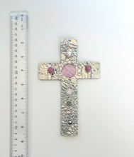 Load image into Gallery viewer, Embossed Silver Metal Display Cross with Pink Beads and Silver Stand