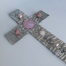 Load image into Gallery viewer, Embossed Silver Metal Display Cross with Pink Beads and Silver Stand