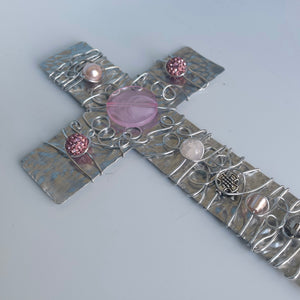 Embossed Silver Metal Display Cross with Pink Beads and Silver Stand