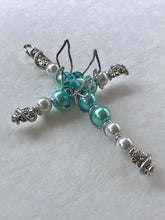 Load image into Gallery viewer, Center Flower Teal and White Beaded Display Cross with Silver Hanger