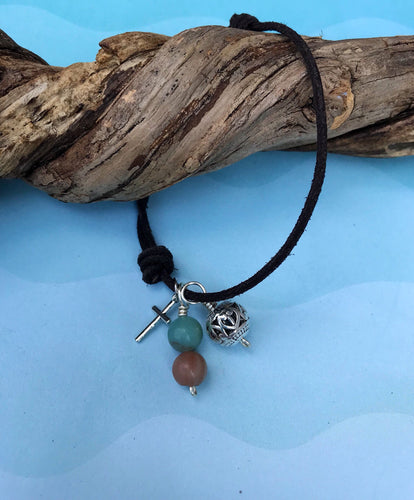 Silver Cross Leather Adjustable Bracelet with Dangling Amazonite and Tibetan Hollow Silver Beads