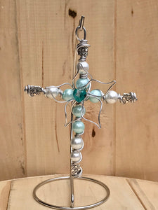 Center Flower Teal and White Beaded Display Cross with Silver Hanger