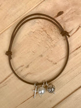 Load image into Gallery viewer, White Pearl and Adjustable Leather Bracelet with Silver Cross And Silver Tibetan Bead