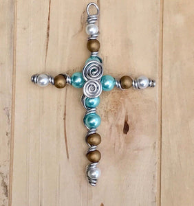 Teal and Gold Beaded Display Cross with Swirled Center and Silver Stand
