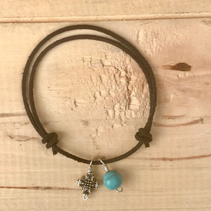 Silver Cross Adjustable Leather Bracelet with Dangling Turquoise Bead
