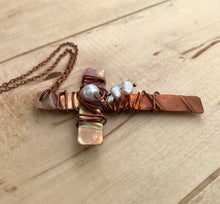 Load image into Gallery viewer, Unique Cross Necklace/Christian Gift/Copper Cross Necklace/Beaded Cross Necklace/Religious Gift/Large Cross Necklace/White Pearl Necklace
