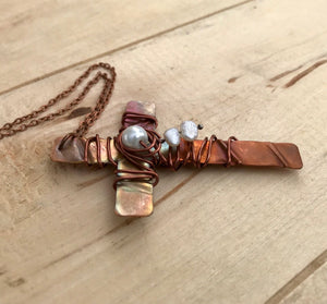 Unique Cross Necklace/Christian Gift/Copper Cross Necklace/Beaded Cross Necklace/Religious Gift/Large Cross Necklace/White Pearl Necklace