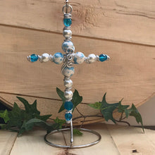 Load image into Gallery viewer, New Baby Boy Display Cross with Fun Painted Ceramic Beads. Includes Silver Stand