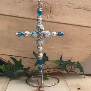 New Baby Boy Display Cross with Fun Painted Ceramic Beads. Includes Silver Stand