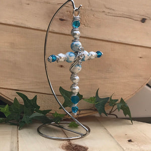 New Baby Boy Display Cross with Fun Painted Ceramic Beads. Includes Silver Stand