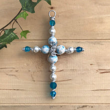 Load image into Gallery viewer, New Baby Boy Display Cross with Fun Painted Ceramic Beads. Includes Silver Stand
