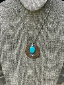 Turquoise Necklace/Copper Pendant/Circle Pendant Necklace/Large Oval Bead Necklace/Oval Turquoise Necklace/Hammered Copper Pendant