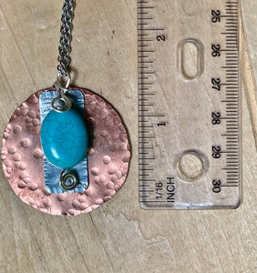Turquoise Necklace/Copper Pendant/Circle Pendant Necklace/Large Oval Bead Necklace/Oval Turquoise Necklace/Hammered Copper Pendant