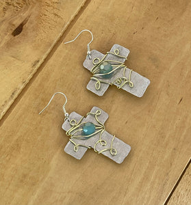 Silver and Gold Cross Earrings with Gold Wire Wrapping Crystal Beads