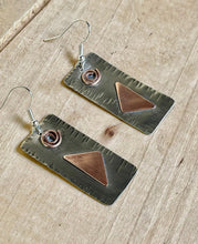 Load image into Gallery viewer, Silver and Copper Mixed Metal Earrings, Geometric Shapes and Swirl
