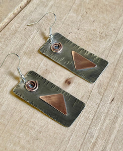 Silver and Copper Mixed Metal Earrings, Geometric Shapes and Swirl