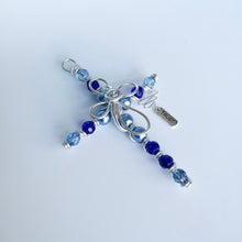 Load image into Gallery viewer, Pearlized Blue and Crystal Beaded Display Cross with Silver Hanger