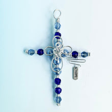 Load image into Gallery viewer, Blue Hued Beaded Display Cross with Center Cross and Silver Stand