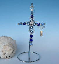 Load image into Gallery viewer, Blue Hued Beaded Display Cross with Center Cross and Silver Stand
