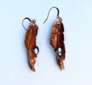 Colorful Slim Copper Leaf Earrings Flame Painted with Oval Lampwork Glass Beads