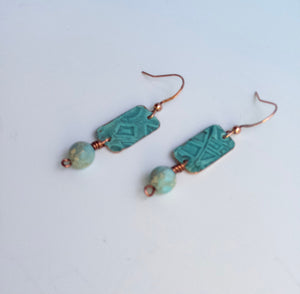 Embossed Ocean Blue Copper Earrings with Sea Sediment Jasper Bead Dangle