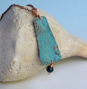 Ocean Blue Turquoise Patina Copper Pendant Necklace/Jasper Beaded Necklace/Rustic Blue Necklace/Unique Patterned Necklace