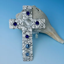 Load image into Gallery viewer, Handmade Blue & White Beaded Cross