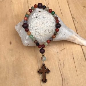 Natural Stone and Cherry Wood Cross Christian Prayer Beads