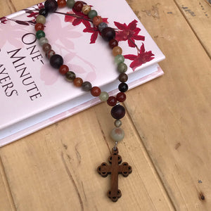 Natural Stone and Cherry Wood Cross Christian Prayer Beads