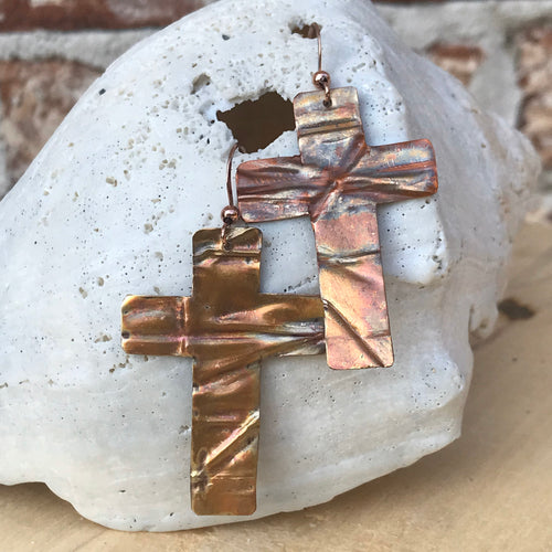 Folded and Flame Painted Copper Cross Earrings
