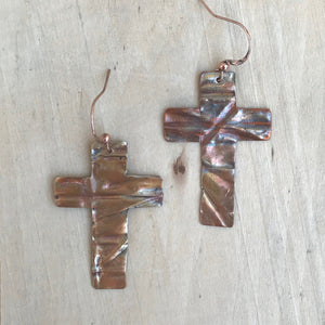 Copper Cross Earrings/Cross Earrings/Folded Copper Earrings/Flame Painted Copper Earrings/Religious Gift/Unique Earrings/Youth Pastor Gift