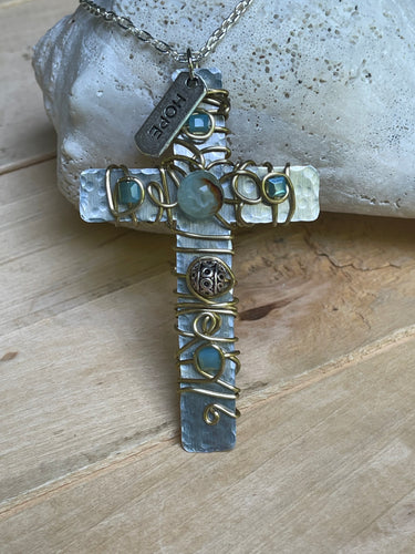 Silver and Teal Wire Wrapped Beaded Cross Necklace