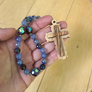 Christian Prayer Beads with Olive Wood Cross and Light Blue Fire Agate Beads