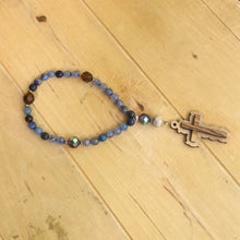 Load image into Gallery viewer, Christian Prayer Beads with Olive Wood Cross and Light Blue Fire Agate Beads