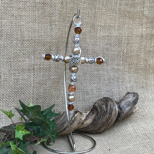 Decorative Cross- Beaded with Ivory and brown glass and metal beads