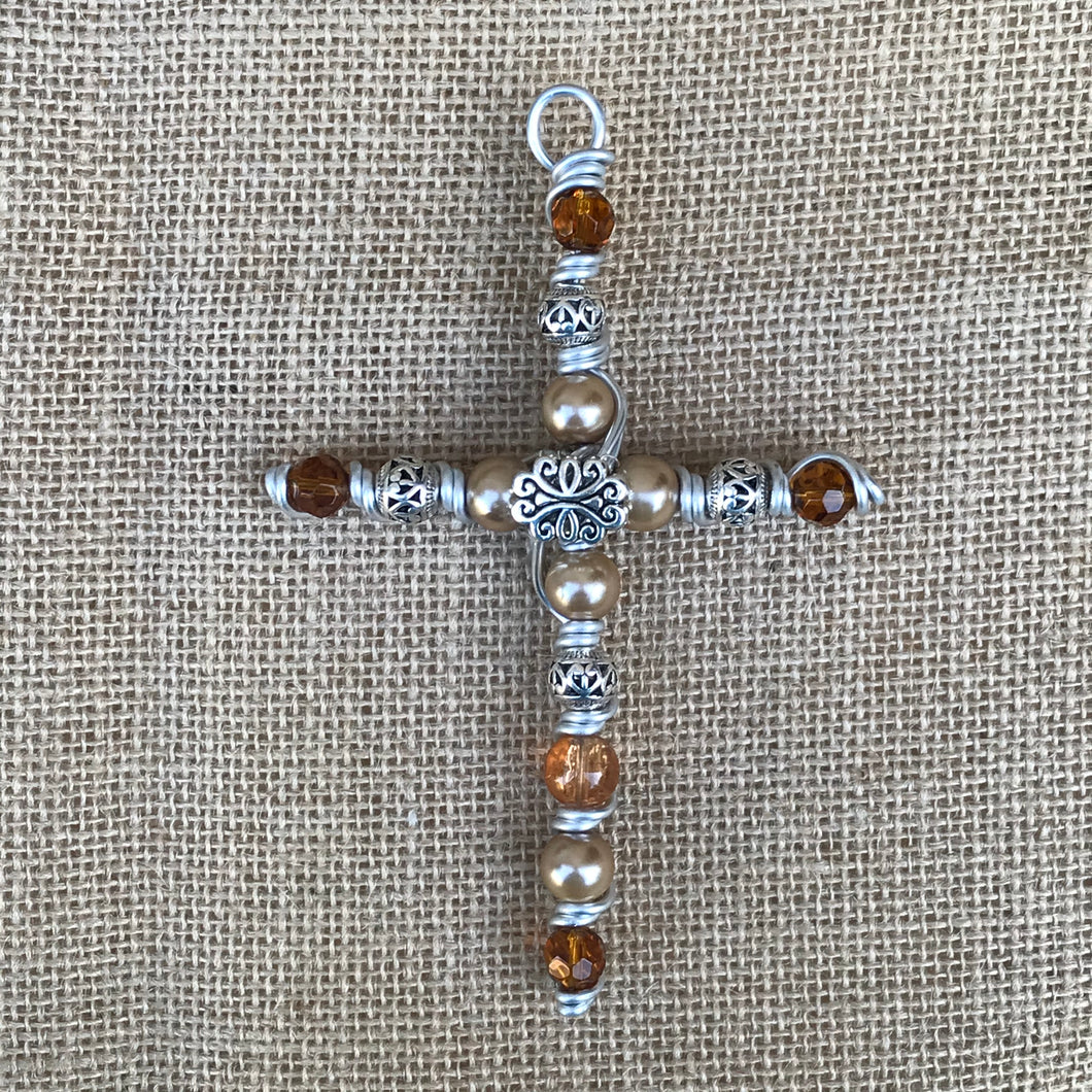 Decorative Cross- Beaded with Ivory and brown glass and metal beads