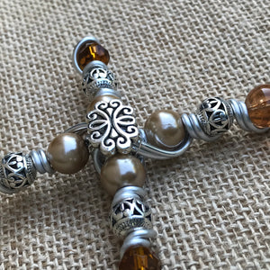 Decorative Cross- Beaded with Ivory and brown glass and metal beads