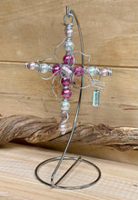 Load image into Gallery viewer, New Baby Girl Silver Cross with Pink Pearlized Beads and a Flower Center. Includes Silver Stand