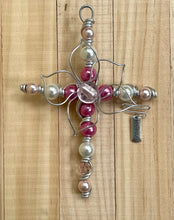 Load image into Gallery viewer, New Baby Girl Silver Cross with Pink Pearlized Beads and a Flower Center. Includes Silver Stand