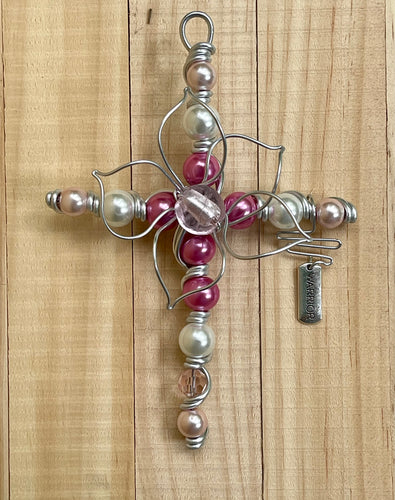 New Baby Girl Silver Cross with Pink Pearlized Beads and a Flower Center. Includes Silver Stand