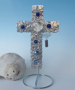 Handmade Blue & White Beaded Cross