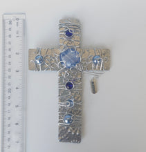 Load image into Gallery viewer, Silver Aluminum Display Cross with Blue Beads and a Silver Stand