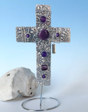 Load image into Gallery viewer, Purple and Silver Beaded Cross