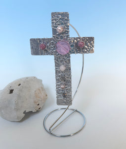 Pink and Silver Beaded Cross