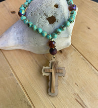 Load image into Gallery viewer, Natural Stone and Olive Wood Cross Prayer Beads